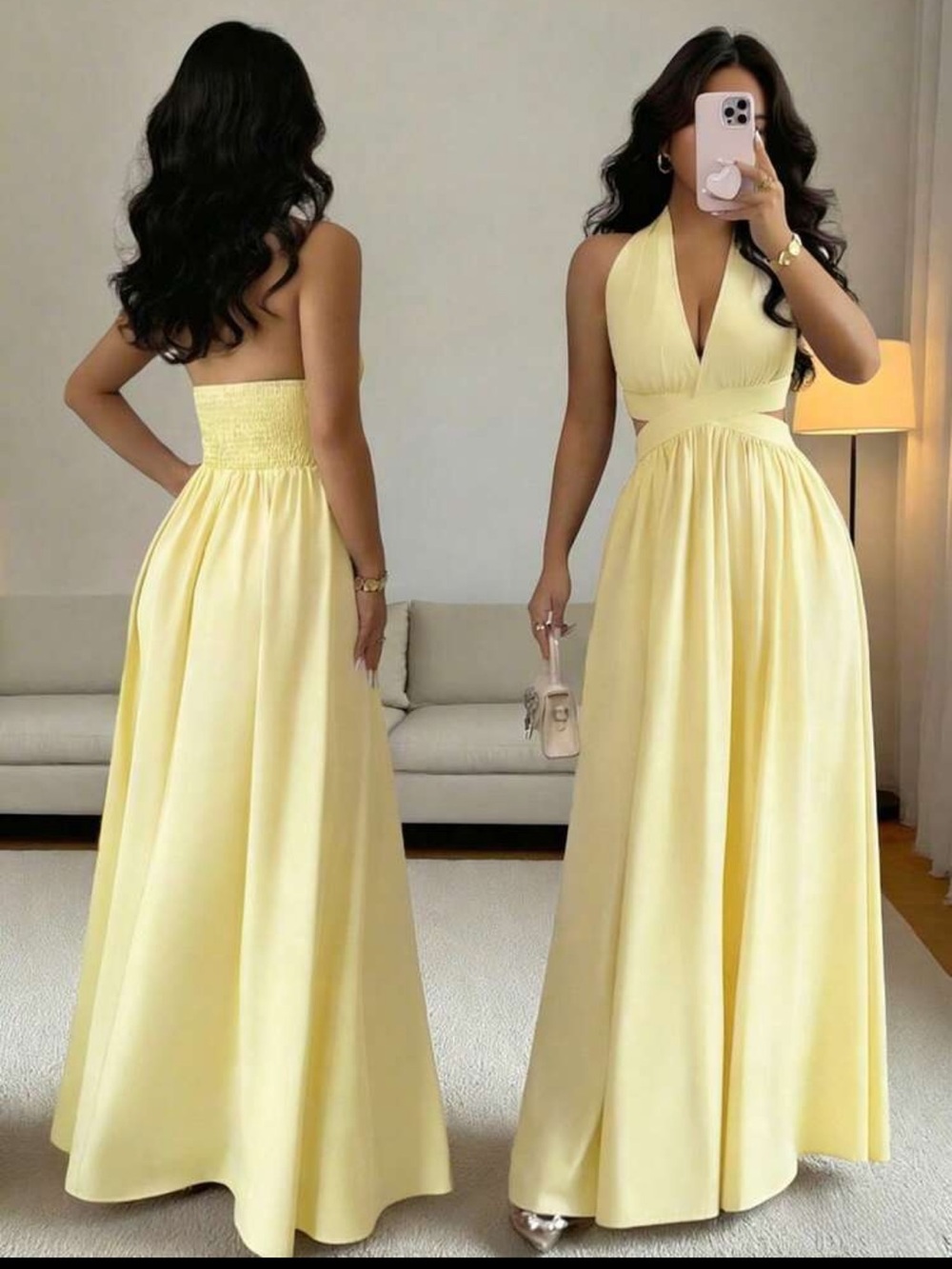 SHEIN Pale Yellow Halter Maxi Dress